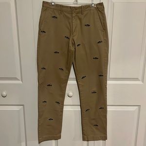 J Crew khaki pants with embroidered fish, 31x32